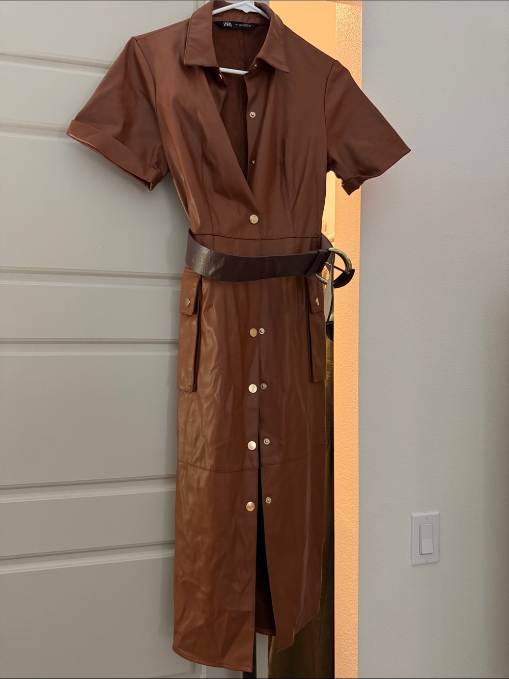 Zara Brown Faux Leather Midi Shirt Dress with Belt
